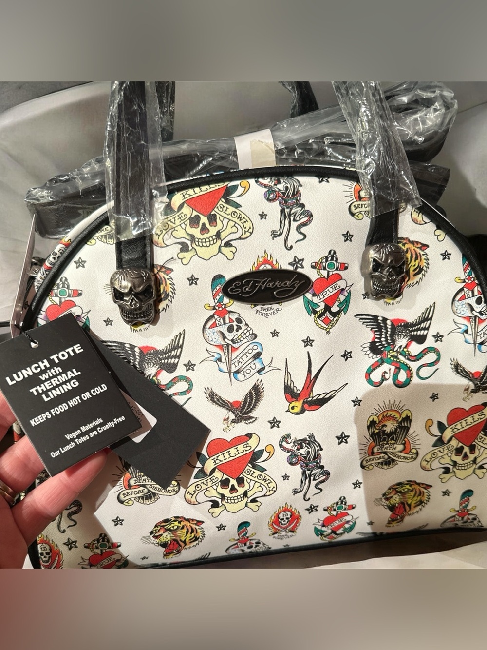 new w/tags Ed Hardy Tattoo Print thermal lined crossbody lunchbag w skull & gems